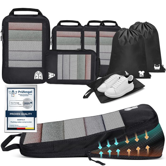 Набір компресійних органайзерів для одягу в подорожі, 8 предметів, дорожні сумки-пакувальники для валізи та рюкзака, чорні