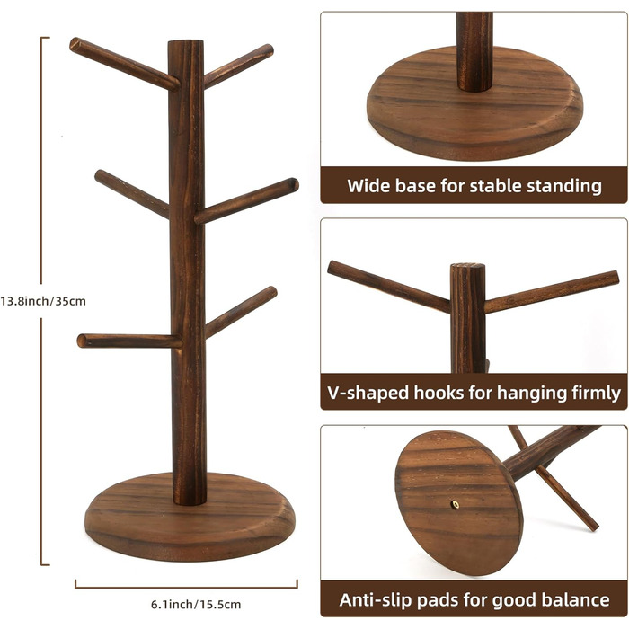 Тримач для кавової кружки FOSFUKEER, бамбукова кружка з товстим дном, 6 гачків, колір дерева