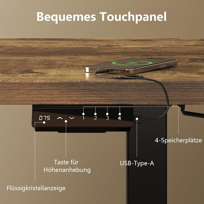 Регульований стіл, 180x80 см, електричний стоячий стіл з двома моторами, сенсорна панель, USB-A, кабелеуправління, стільниця 25 мм, ергономічний офісний стіл, білий (180 x 80 см, коричневий)
