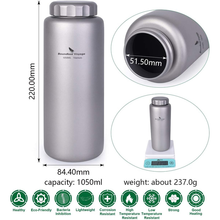 Фляга для води iBasingo 1050 мл з широким горлом, не протікає, для спорту, кемпінгу, туризму та подорожей (Ti3005D, Ti3005d-1050ml)
