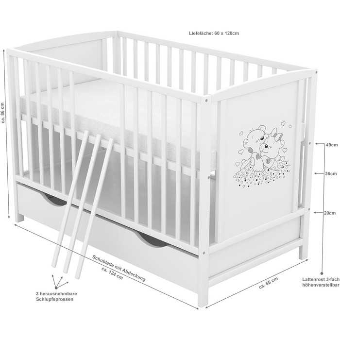 Дитяче ліжко Baby Delux 60x120 см біле, мотив ведмедя, з ящиком і матрацом