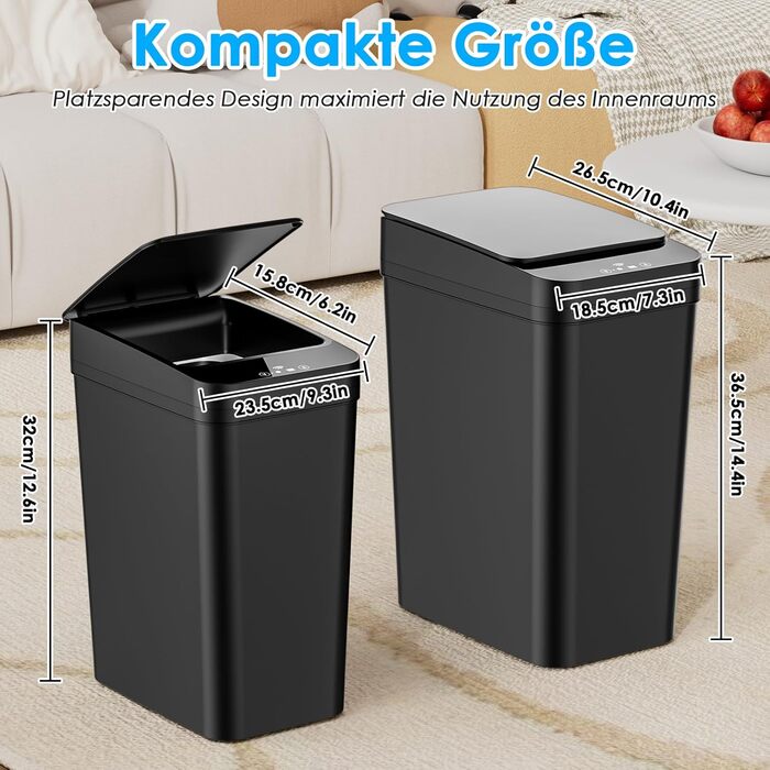 Набір сміттєвих відер Dreamhigh 2 шт. з сенсором, 15L та 12L, електричні, з автоматичним відкриванням кришки, смарт-відра з 3 режимами відкривання, тихі та водонепроникні для кухні, ванної, офісу, вітальні, чорного кольору