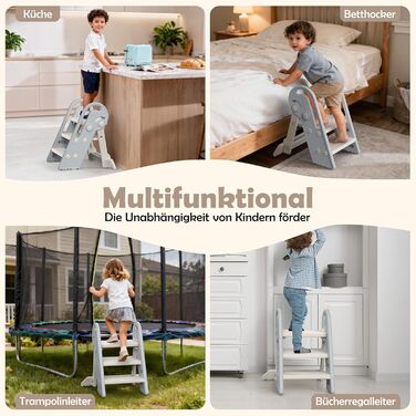 Дитячий підсвічник Onasti Tritthocker: регульована висота, 3 ступені, з ручками, складний, анти-кіп та анти-ковзний, для кухні, ванної кімнати, умивальника та туалету (сірий)