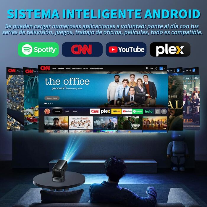 Beamer 4K: Міні проєктор Full HD 1080P з Wi-Fi 6, Bluetooth 5.2 та Android. Поворотний на 270°, з автокорекцією Keystone, для PC/HDMI/USB. В комплекті миша та пульт, білий.