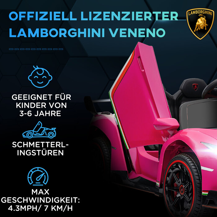 Електромобіль HOMCOM для дітей, ліцензійна модель Lamborghini Veneno, швидкість до 3-7 км/год, двері-крила, музичний плеєр, пульт дистанційного керування, рожевий