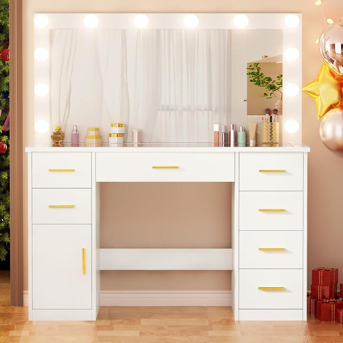 Великий туалетний столик ANWBROAD з регульованою LED-підсвіткою 3 кольорів та розеткою. Сучасний туалетний столик з дзеркалом, 7 ящиків, білий, 140x110x40 см. Модель BDT83W
