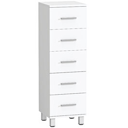 Тумбочка для ванної кімнати: Вузька шафка з 5 висувними ящиками для ванної кімнати, розміром 30 x 30 x 95 см, білого кольору.