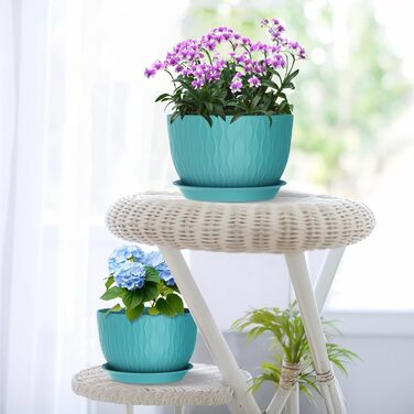 Великі горщики для квітів 3 шт. (12+10+9 дюймів), 30.5x25.4x25.4x22.9 см, для дому та саду, з водозливними отворами, блакитно-зелені, з ефектом хвилі, міцний пластик