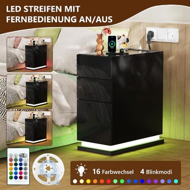 Вузька тумба приліжкова Lvhecforhm з LED-підсвіткою, чорна, з розеткою та USB, 16 режимів підсвітки, глянцева, 50x30x63 см
