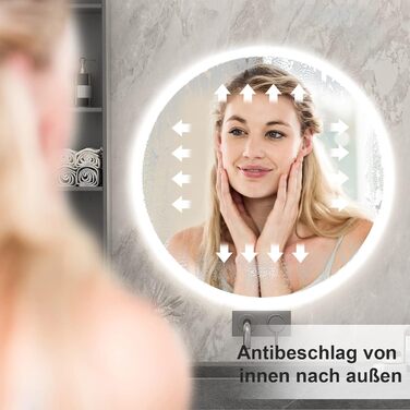 Круглий дзеркало Furduzz з підсвічуванням, 600 мм, для ванної кімнати, настінний, сенсорна кнопка, диммування, 3 кольори, антизапар, інтелектуальна пам'ять