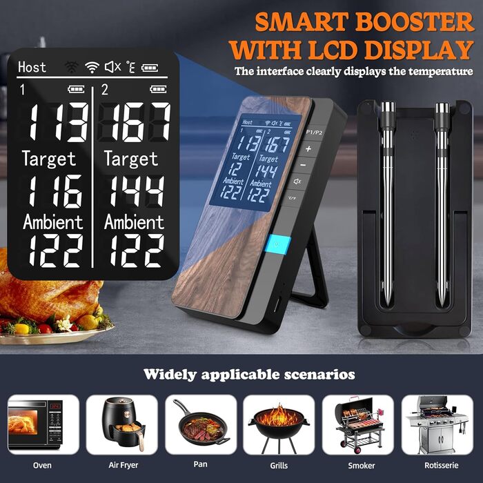 Бездротовий термометр для м'яса Pakinui з двома зондами, Bluetooth, IP67, для гриля, духовки, коптильні