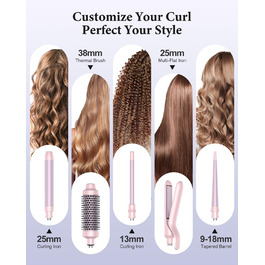 BESTOPE PRO Локкенстаб: Набір випрямляча та плойки 5 в 1 з термощіткою, 3 плойки (9-25 мм) для великих локонів, 13 температур, захисне покриття, рукавичка, затискач (Блідо-рожевий)