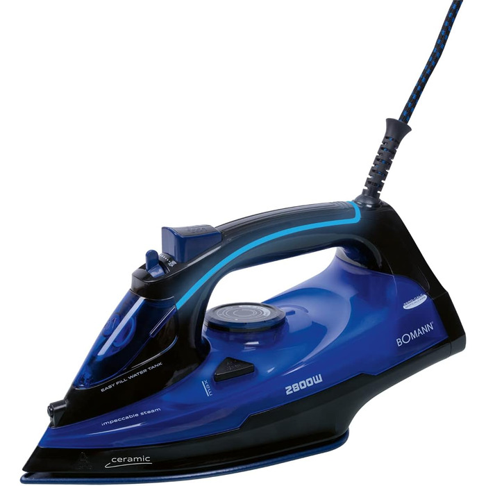 Праска з пароутворювачем Bomann DB 6038 CB, 2800 Вт, 7 функцій, LED-підсвітка ручки, підошва з 3D-кераміки, чорний/синій