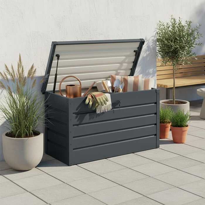 Скриня для саду STEELSØN Dorado 270л, металева оцинкована, водонепроникна, з замком та відкидною кришкою, антрацит - для балкона, тераси, саду 120x62x63 см