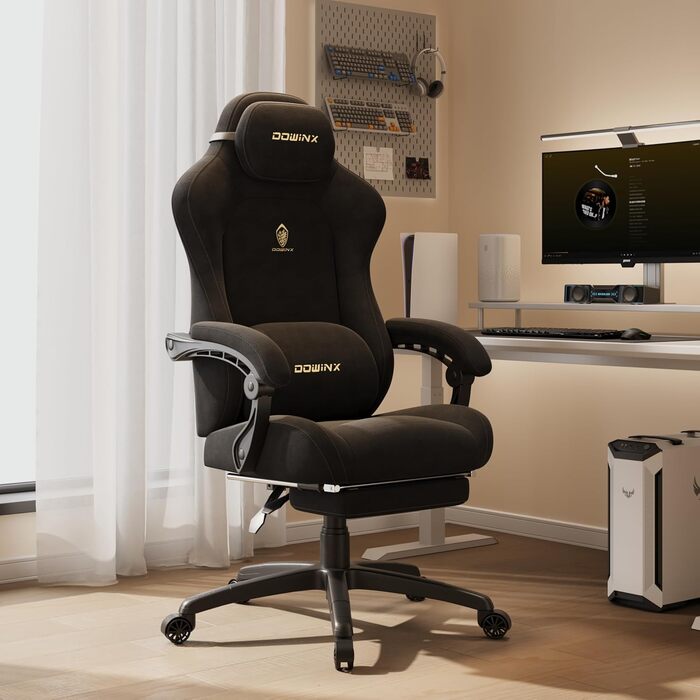 Ігровий крісло Dowinx з регульованою висотою масажного поперекового підпорки, ергономічний дизайн, м'яка мікрофібра велюр, посилене сидіння, підголівник та підніжка в комплекті, кут нахилу 155°, чорний/титан