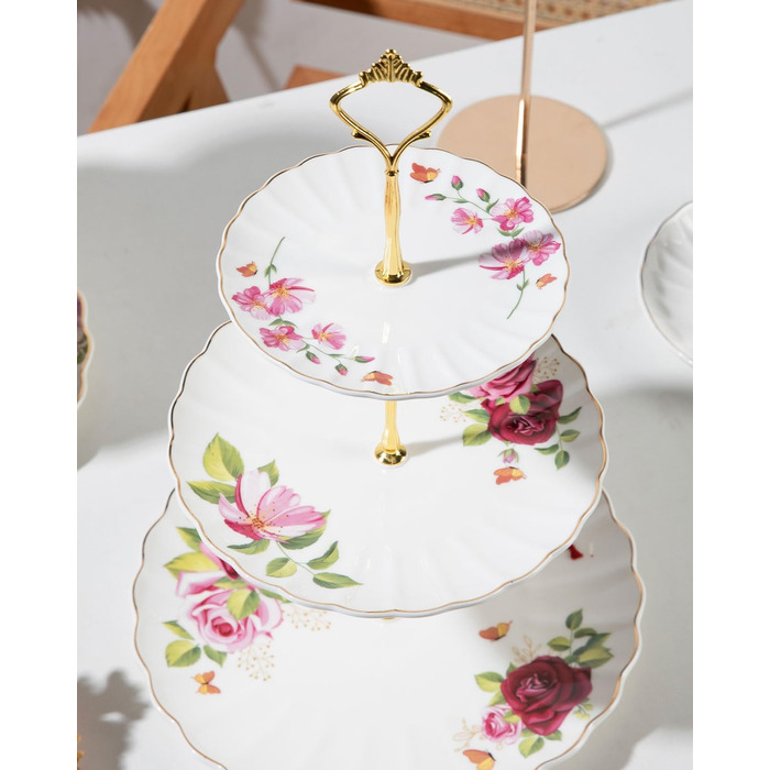 Стійка для тістечок Sweejar Home 3-ярусна керамічна, етажерка для тортів, десертів, капкейків, чаювання, сервірування їжі (свіжі квіти)