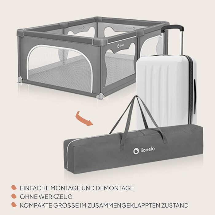 Дитячий манеж Lionelo Willow сірого кольору 120x180x68 см з сіткою, для дітей 0-48 місяців