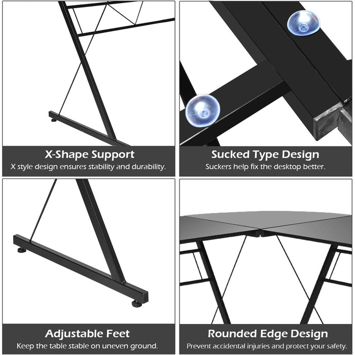 Комп'ютерний стіл Кутовий стіл L-подібний стіл Стіл для ПК Стіл Х-подібний стіл Ніжки столу Комп'ютерний стіл Кутовий стіл Офісний стіл Кутовий стіл Ігровий стіл для навчання (чорний)