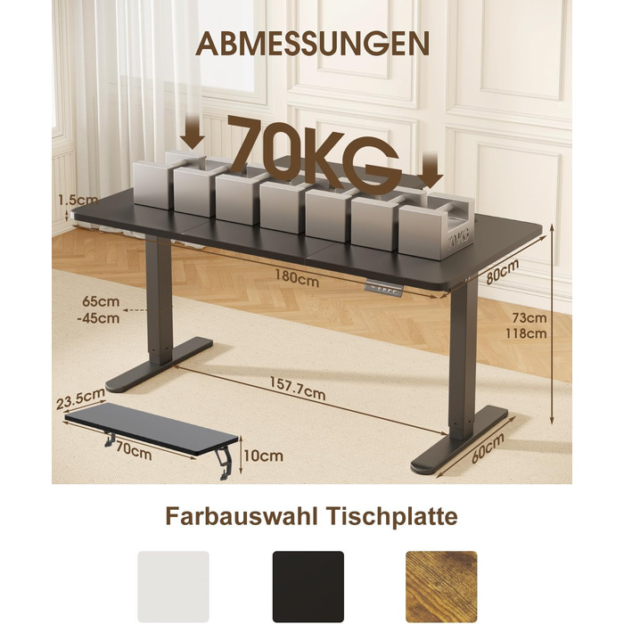 Електричний столик Devoko 160x70 см з регулюванням висоти, з підставкою для монітора, комп'ютерний, 2 функції пам'яті, вінтажний коричневий