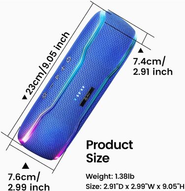Портативна Bluetooth колонка з підсвічуванням та потужним басом, IPX7, 24 годин роботи, вбудований мікрофон, стерео-паринг, для дому та відпочинку на природі (Блакитна)