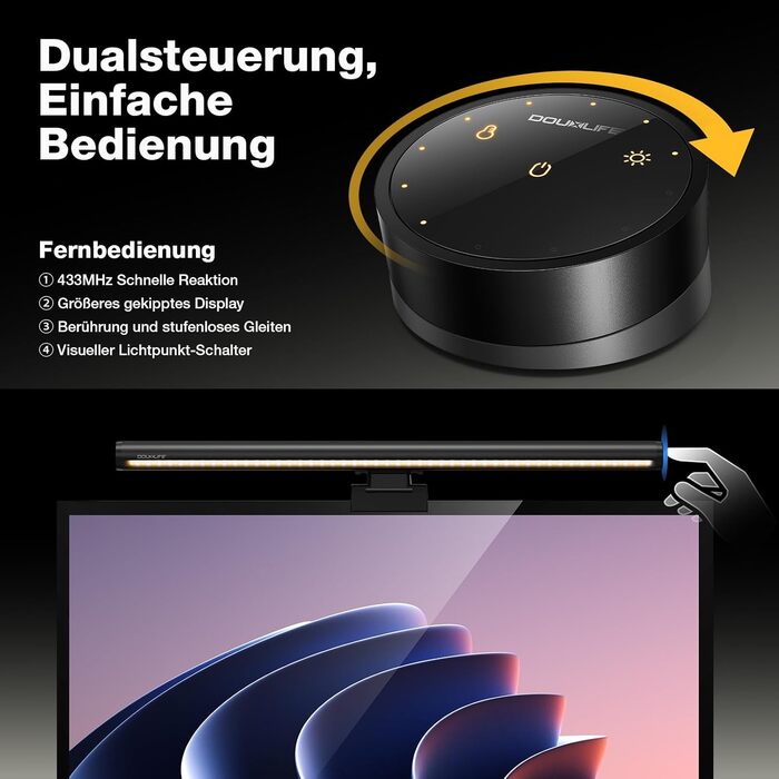 Світлодіодна лампа для монітора Douxlife Screenbar з сенсорним керуванням та пультом дистанційного керування, USB-зарядка, регульована яскравість та колірна температура, захист очей для ПК, чорний