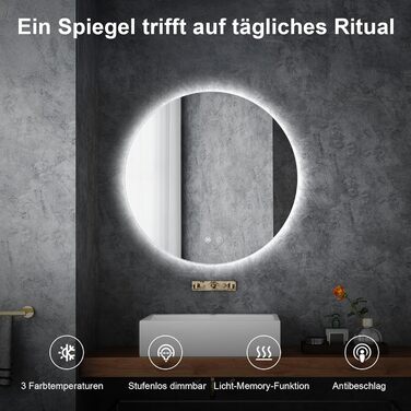 LED дзеркало для ванної кімнати з підсвічуванням Round - регульоване по яскравості з 3 кольорами світла (3500K-6500K), сенсорний вимикач, запобігає запотіванню - дзеркало для ванної кімнати з підсвічуванням для макіяжу та гоління (60см фонове освітлення)