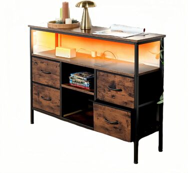 Вінтажна шафа для вітальні з LED-підсвічуванням, комод у стилі вінтаж з 4 висувними ящиками, 110x30x78 см, 2 USB та 2 AC роз'єми, дерев'яний комод для вітальні/кухні