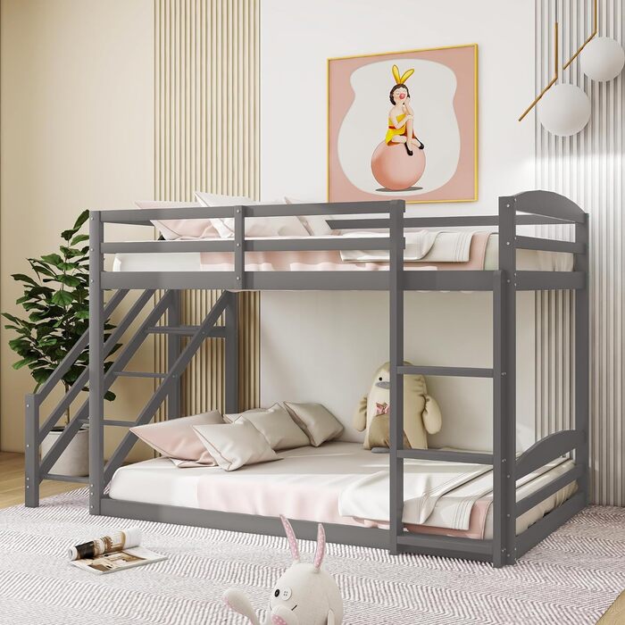 Ліжко-горище Merax 90x200 см, дитяче ліжко-будиночок, дерев'яне двоярусне ліжко із захистом від падіння та рейковим каркасом, універсальне дитяче ліжко з дахом та кутовими сходами, ігрове ліжко для хлопчиків та дівчаток, (90 x 200 см, сірий)
