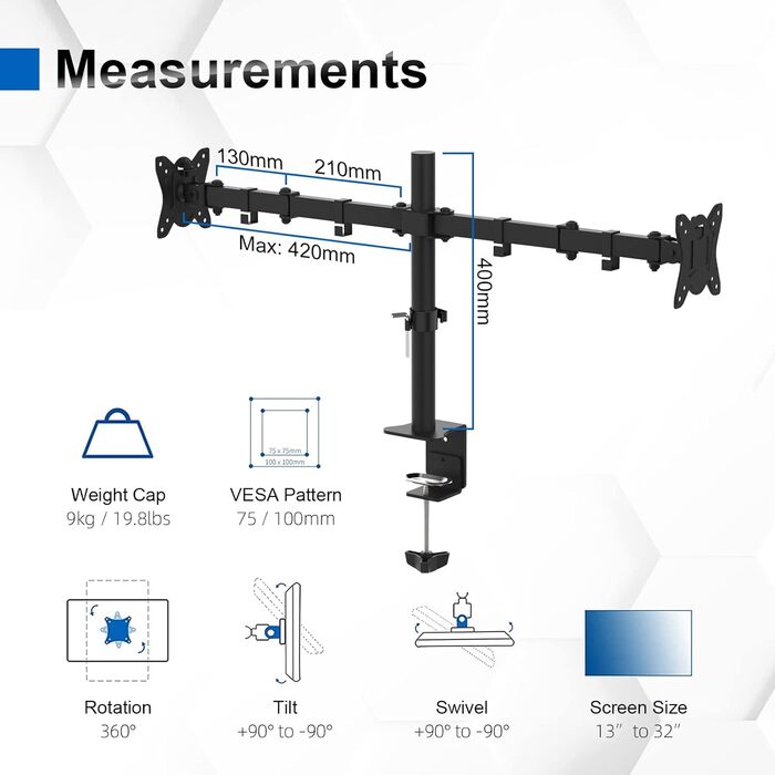 Підставка для монітора GRIFEMA Dual Arm - 2 монітори, 13-32 дюйми, регулювання висоти, поворот, VESA 75x75/100x100, до 9 кг