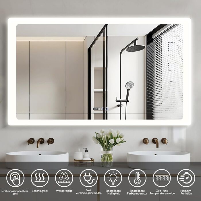 Дзеркало для ванної кімнати YOURLITE з LED-підсвічуванням 100x60 см, сенсорне управління, годинник, антизапотівання, 3 кольори світла, регулювання яскравості, функція пам'яті, білий - 60100