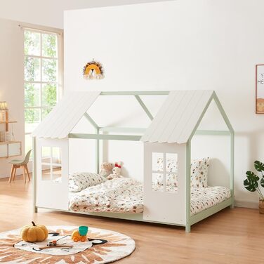 Дитяче ліжко Tostedt: ліжко-будиночок, ліжко для підлітків, ліжко-ігровий будиночок, ліжко з напіввідкритим дизайном Montessori, з масивного дерева (сосна), 120x200 см, рожево-біле