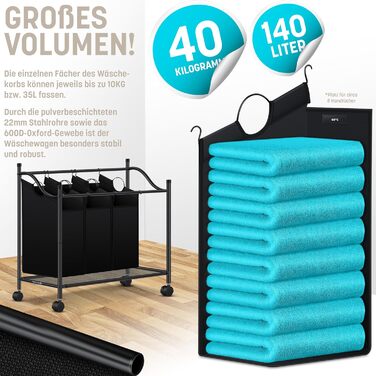 Кошик для білизни KESSER з 4 знімними мішками для сортування | 4 відділення по 35 літрів | Чорний кошик для білизни з колесами та гальмами