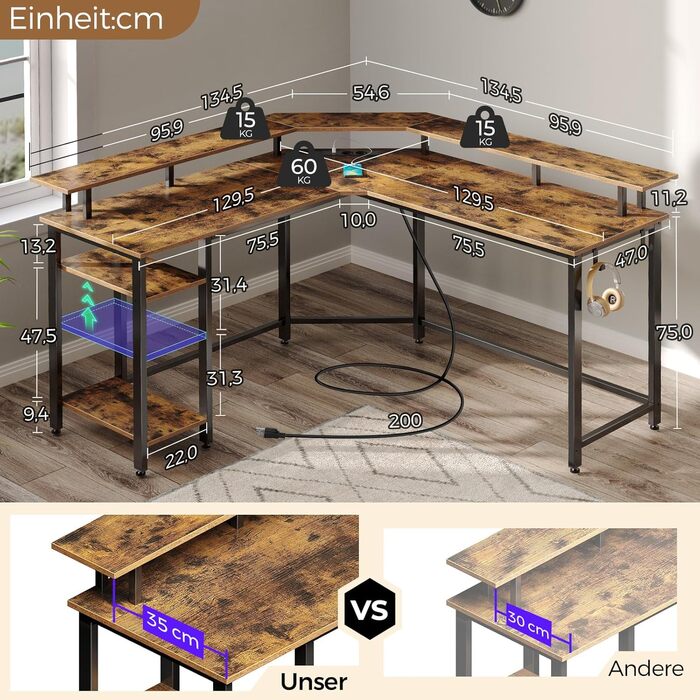 Кутовий стіл Rolanstar з RGB-підсвіткою та розетками, 135 см, для комп'ютера з підставкою для монітора та полицею, реверсивний, з 2 гачками, для спальні/офісу, вінтажний коричневий, 134,5 x 134,5 x 86,2 см