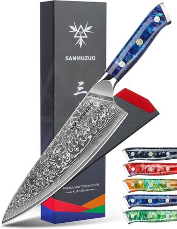 Ніж кухарський 20 см Xuan Серія VG10 Дамаська сталь - ніж для кухні з ручкою з смоли (сапфірово-блакитний)