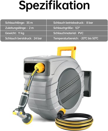 Шланговий барабан GLAHODEN з садовим шлангом 40 м + 2 м, стійкий до сонця та морозу, поворотний на 180°, настінна шланговий бокс з 9-функціональною розпилювальною насадкою