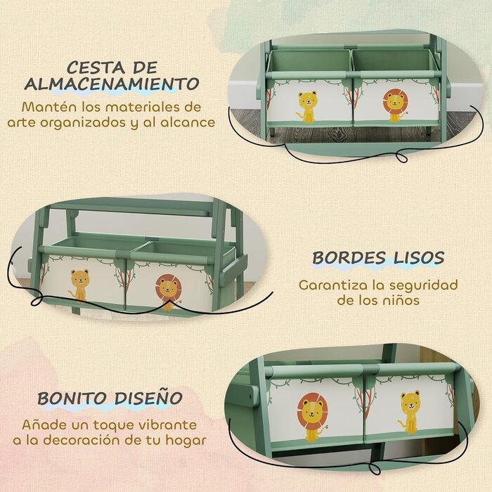 Дитяча мольберт-дошка AIYAPLAY 3 в 1, зелений, з рулоном паперу та кошиками для зберігання, 54x46x94 см