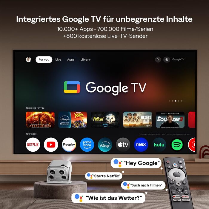 Aurzen Boom Mini 4-в-1 Smart Beamer з Google TV, 4K, проєктор для дому та на вулицю, 20W Dolby Audio, 500 ANSI, автофокус ToF, корекція трапеції, Wi-Fi/Bluetooth, сумісність з мобільним телефоном (сірий)