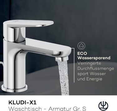 Змішувач для ванної кімнати KLUDI-X1 з витяжним зливом, висота виливу 75 мм, водозберігаючий кран, розмір S, керамічний картридж, для раковини, з підвідними шлангами, хром S