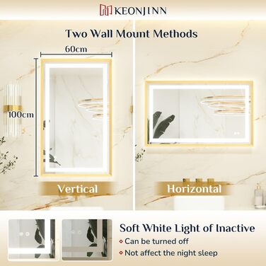 Дзеркало для ванної кімнати Keonjinn з підсвічуванням, металевий каркас 50x70 см, LED, без запотівання, сенсорне керування, 3 кольори світла, регулювання яскравості, пам'ять, настінне дзеркало (Золото, 60x100 см)