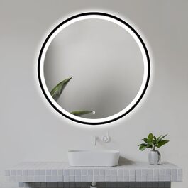 Дзеркало для ванної кімнати LED 60 см з чорною рамою, кругле, з підсвіткою (80x80 см)