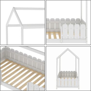 Дитяче ліжко Merax 90x200 см, красиве домашнє ліжко із захистом від падіння та рейковим каркасом, універсальне дерев'яне ігрове ліжко з огорожею, ліжко на дереві для хлопчиків і дівчаток, білий білий паркан