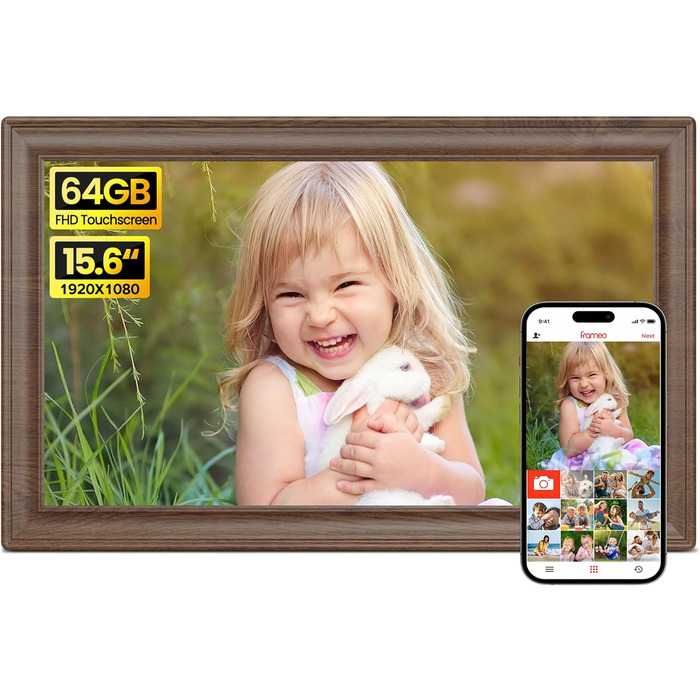 Цифровий фоторамка Frameo 10.1 дюйма з Wi-Fi, сенсорний IPS екран HD 1280*800, 32GB пам'яті, автоповорот, підтримка Frameo App для зручного обміну фото та відео, корпус з дерева (15.6 дюймів)