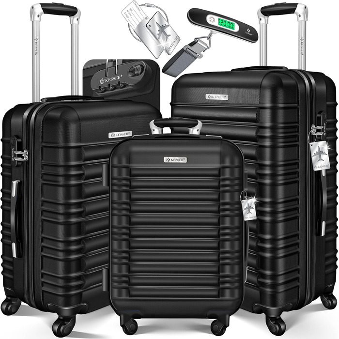 Набір валіз KESSER® 3шт з ABS-пластику: велика, середня, маленька. Валіза-тележка з замком, коліщата 4 шт., ваги в комплекті. Чорний колір.