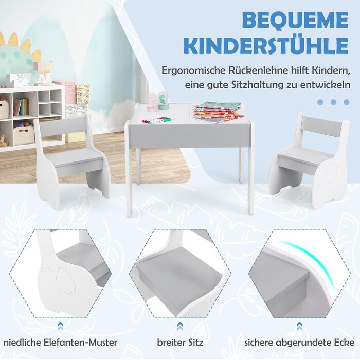 Дерев'яний дитячий стіл з 2 стільцями DREAMADE, 3-х частинний набір меблів для дітей, стіл з двосторонньою поверхнею та місцем для зберігання, набір меблів для хлопчиків та дівчаток (білий, світло-сірий)