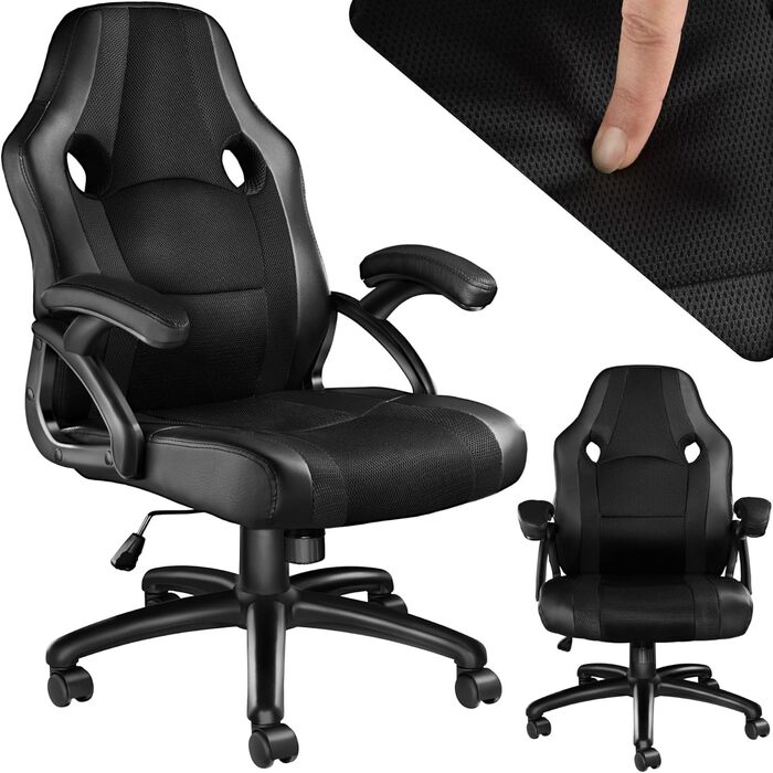 Ігрове крісло tectake, ергономічне офісне крісло, офісне крісло для перегонів, крісло для керівника з функцією гойдалки та підлокітниками, поворотне крісло, регульоване по висоті стілець, крісло для ПК, ігрове крісло - чорний/синій (чорно-чорний No 403481