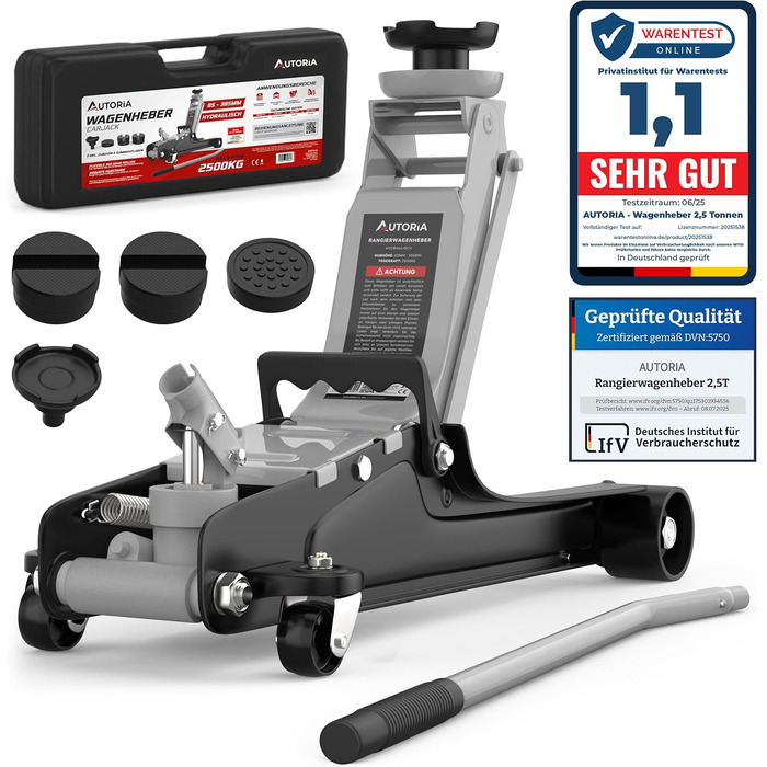 Гідравлічний домкрат Wagenheber 2.5T низькопрофільний для легкових авто та авто з низькою посадкою, до 2500 кг, з кейсом, 3 гумові накладки + адаптер (світло-сірий)