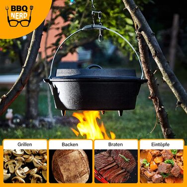 Голландська піч BBQ-Nerd 'Starter' 3.1L з ніжками - готова до використання, попередньо оброблена - чавунний котелок, жаровня з кришкою та підйомником кришки - вогнестійкий котелок для гриля та кемпінгу, котелок для гриля 'Starter' з ніжками 3.1 літр