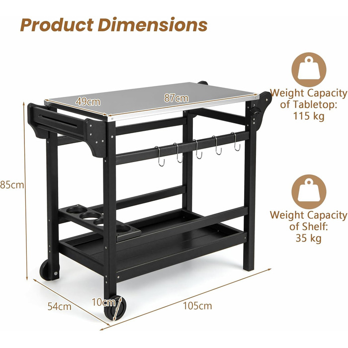 Гриль-візок Komfotteu з нержавіючою сталею, столиця для гриля, візок для сервірування з полицями для спецій, вина та гачками, для зони відпочинку