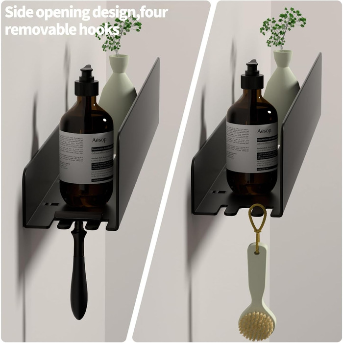 Поличка для душу REKITA без свердління, органайзер для ванної кімнати 40 см, поличка з нержавіючої сталі з 4 знімними гачками, тримач для шампуню для душу, навісна поличка, чорний колір
