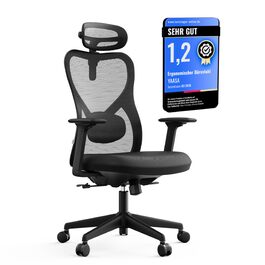 Yaasa Chair Plus: Ергономічне офісне крісло з підголівником, 2D-підтримкою попереку та 4D-підлокітниками. Переможець тесту! Чорний, до 150 кг.